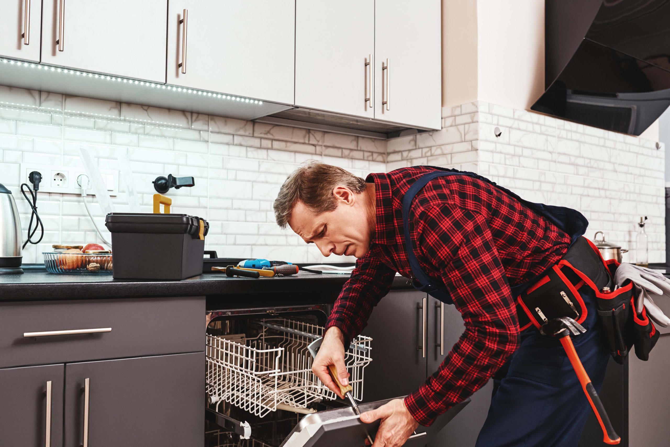 all instruments are included. male technician standing near dishwasher